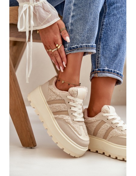 Warm Women's Platform Sneakers with Fur Beige Daivlene
