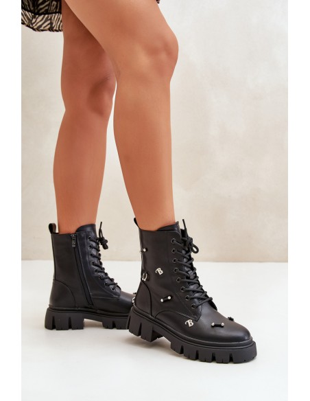 Women's Worker Boots With Decorations Eco Leather Black Cadenilla