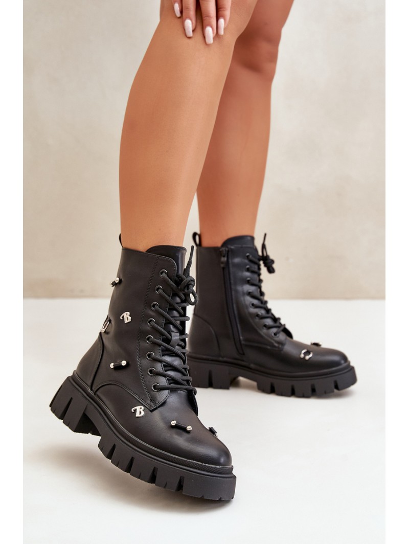 Women's Worker Boots With Decorations Eco Leather Black Cadenilla