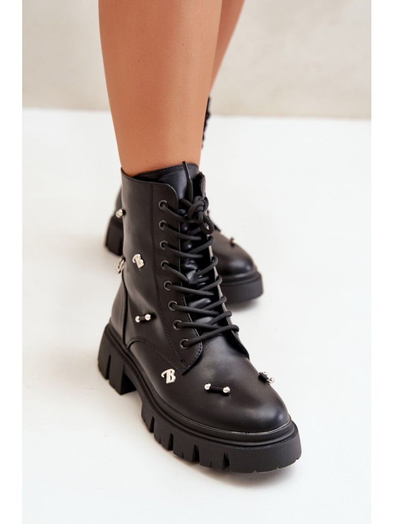 Women's Worker Boots With Decorations Eco Leather Black Cadenilla