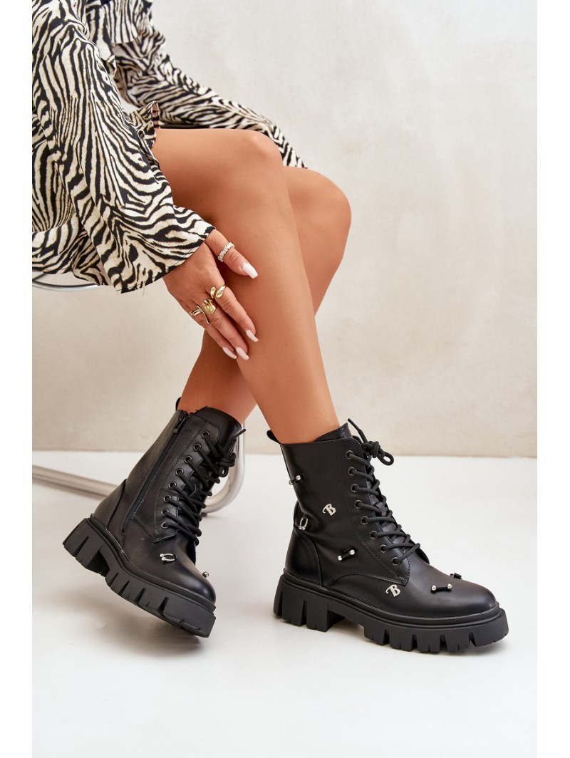 Women's Worker Boots With Decorations Eco Leather Black Cadenilla