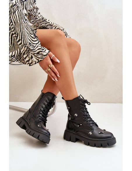 Women's Worker Boots With Decorations Eco Leather Black Cadenilla