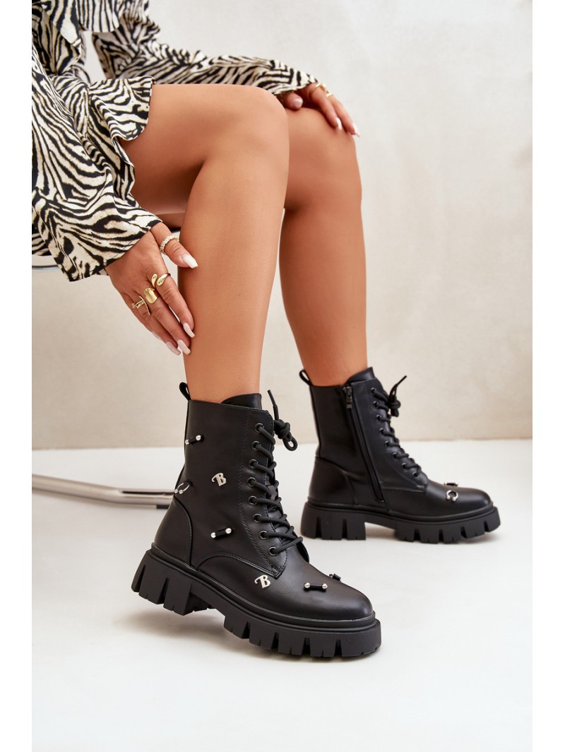 Women's Worker Boots With Decorations Eco Leather Black Cadenilla