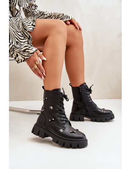 Women's Worker Boots With Decorations Eco Leather Black Cadenilla