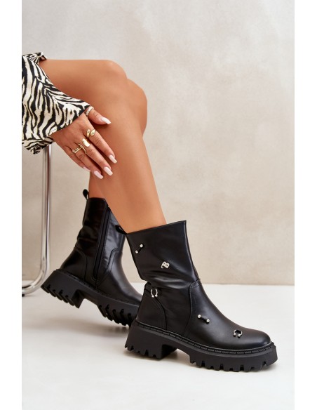 Women's Eco Leather Ankle Boots With Zipper And Decorative Details Black Reritha