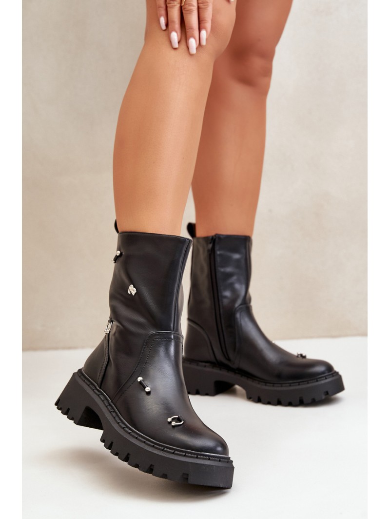 Women's Eco Leather Ankle Boots With Zipper And Decorative Details Black Reritha