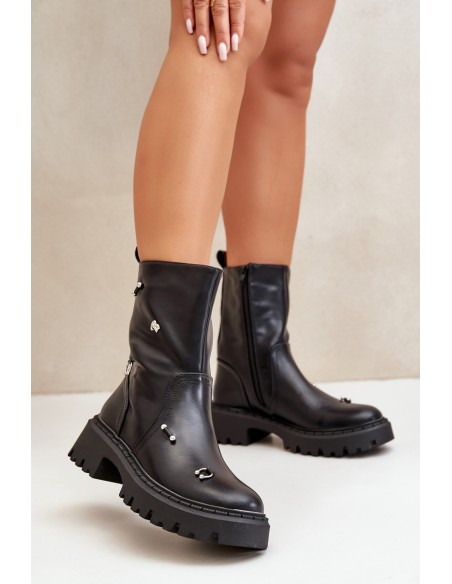 Women's Eco Leather Ankle Boots With Zipper And Decorative Details Black Reritha