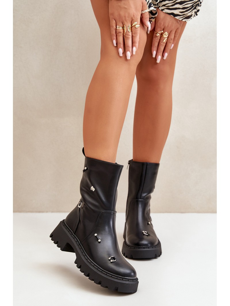 Women's Eco Leather Ankle Boots With Zipper And Decorative Details Black Reritha
