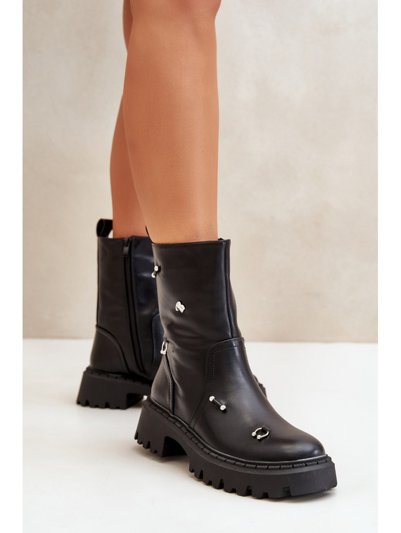 Women's Eco Leather Ankle Boots With Zipper And Decorative Details Black Reritha