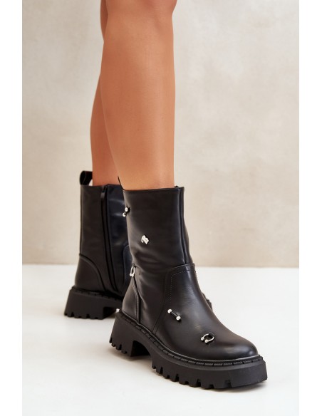 Women's Eco Leather Ankle Boots With Zipper And Decorative Details Black Reritha