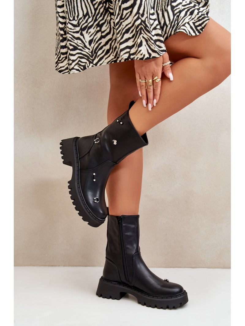 Women's Eco Leather Ankle Boots With Zipper And Decorative Details Black Reritha