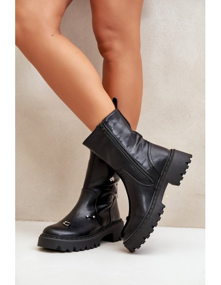 Women's Eco Leather Ankle Boots With Zipper And Decorative Details Black Reritha