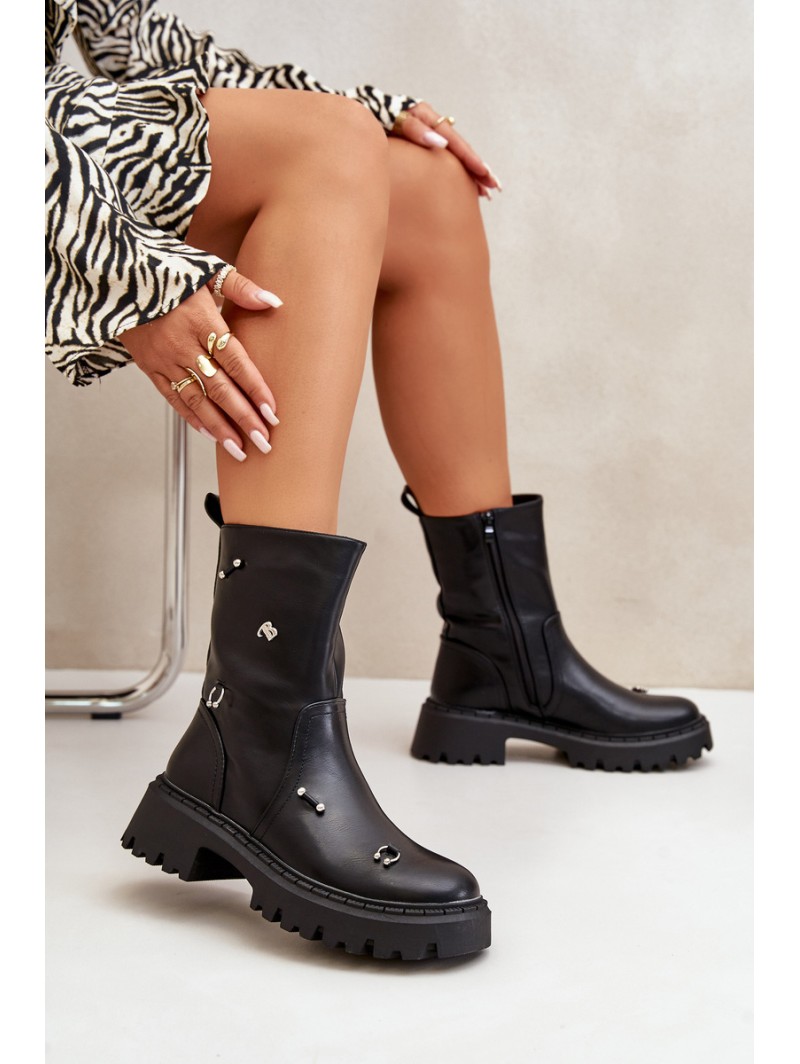 Women's Eco Leather Ankle Boots With Zipper And Decorative Details Black Reritha