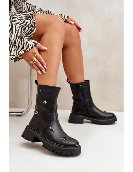 Women's Eco Leather Ankle Boots With Zipper And Decorative Details Black Reritha
