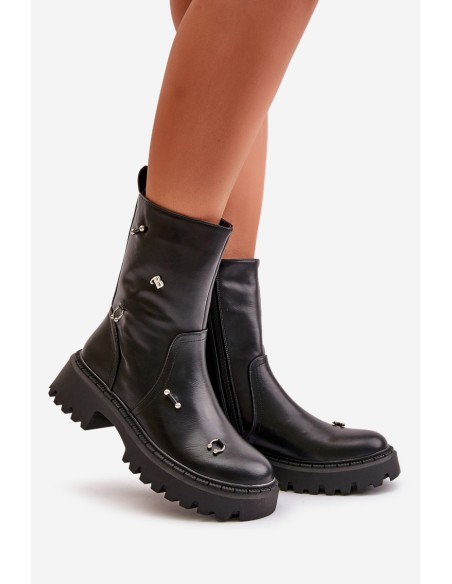Women's Eco Leather Ankle Boots With Zipper And Decorative Details Black Reritha