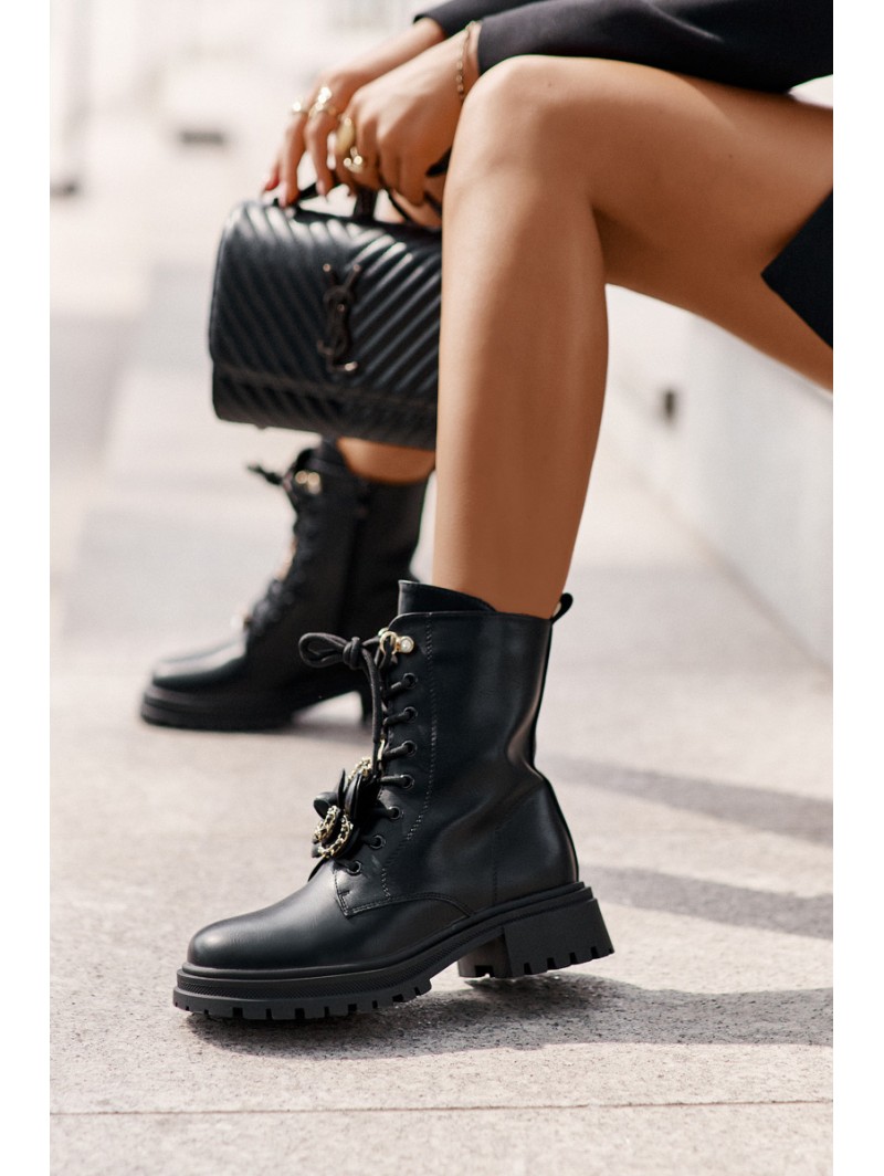 Eco Leather Women's Worker Boots With Pins Black Rianael
