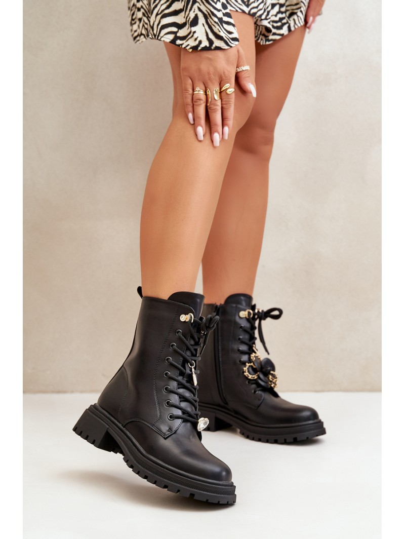 Eco Leather Women's Worker Boots With Pins Black Rianael