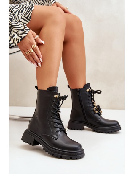 Eco Leather Women's Worker Boots With Pins Black Rianael