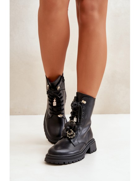 Eco Leather Women's Worker Boots With Pins Black Rianael