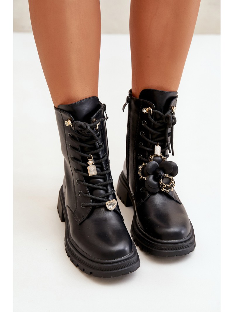 Eco Leather Women's Worker Boots With Pins Black Rianael