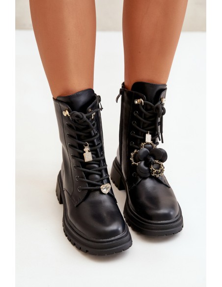 Eco Leather Women's Worker Boots With Pins Black Rianael