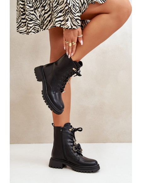 Eco Leather Women's Worker Boots With Pins Black Rianael