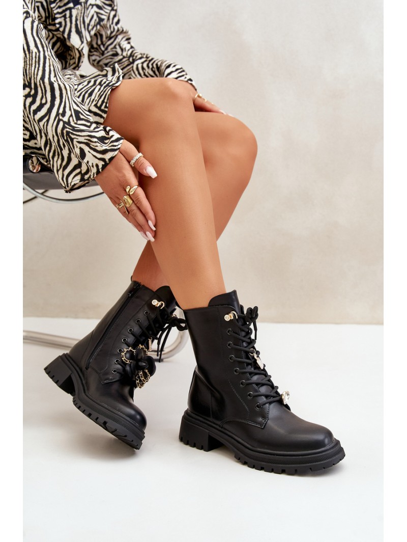 Eco Leather Women's Worker Boots With Pins Black Rianael