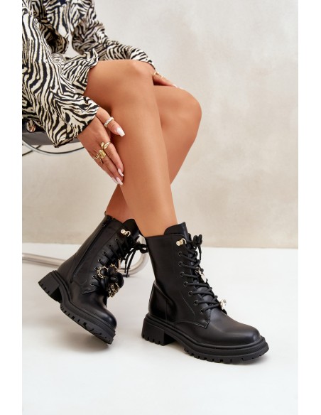 Eco Leather Women's Worker Boots With Pins Black Rianael