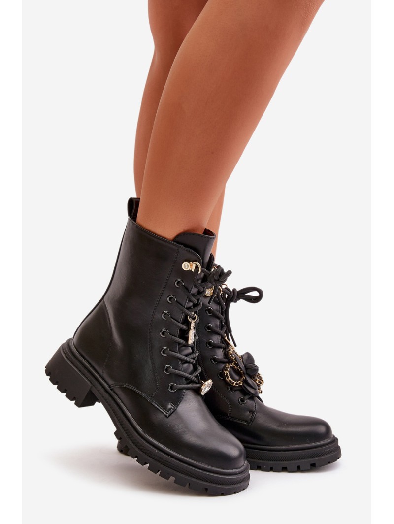 Eco Leather Women's Worker Boots With Pins Black Rianael