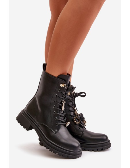 Eco Leather Women's Worker Boots With Pins Black Rianael