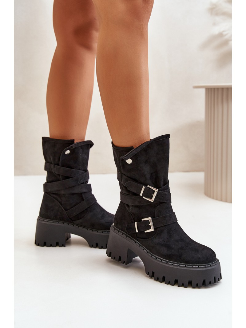 Women's Ankle Boots On Chunky Heel With Buckles And Strap Black Nerelisa