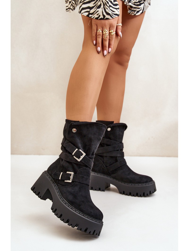 Women's Ankle Boots On Chunky Heel With Buckles And Strap Black Nerelisa