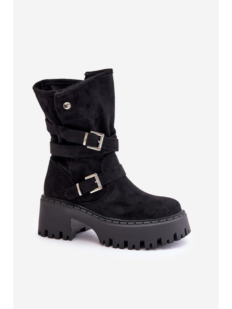 Women's Ankle Boots On Chunky Heel With Buckles And Strap Black Nerelisa
