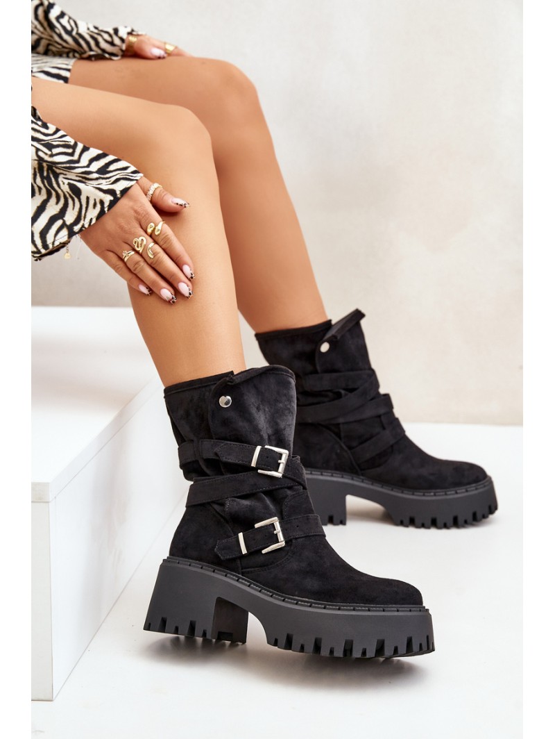 Women's Ankle Boots On Chunky Heel With Buckles And Strap Black Nerelisa