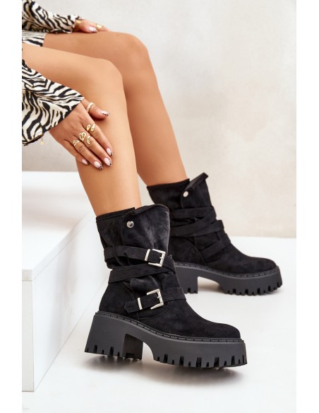 Women's Ankle Boots On Chunky Heel With Buckles And Strap Black Nerelisa