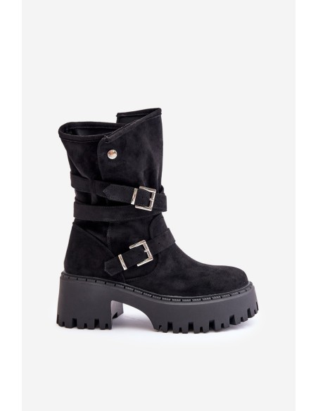Women's Ankle Boots On Chunky Heel With Buckles And Strap Black Nerelisa