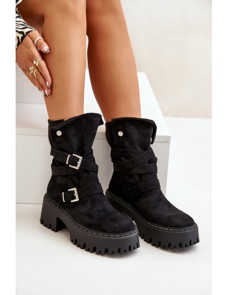 Women's Ankle Boots On Chunky Heel With Buckles And Strap Black Nerelisa