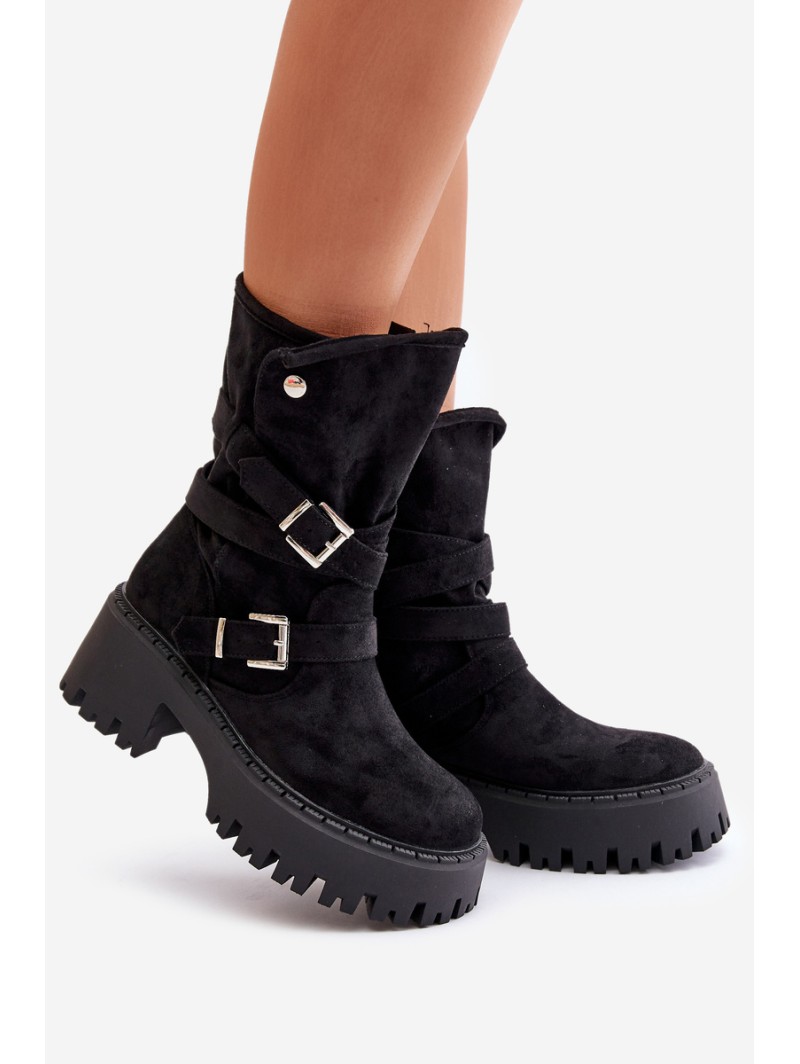 Women's Ankle Boots On Chunky Heel With Buckles And Strap Black Nerelisa