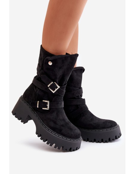 Women's Ankle Boots On Chunky Heel With Buckles And Strap Black Nerelisa