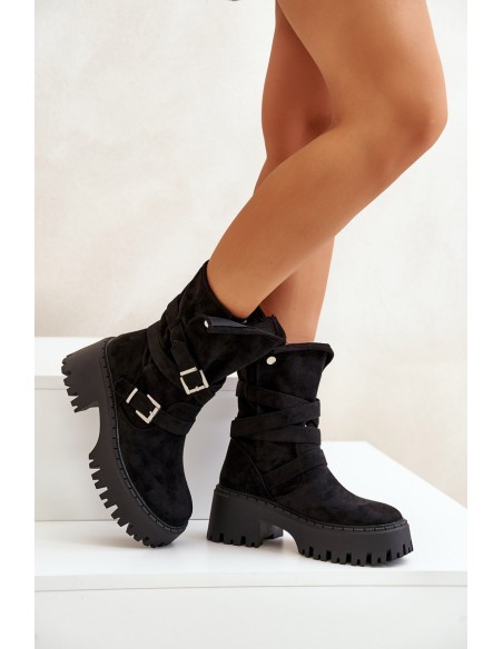 Women's Ankle Boots On Chunky Heel With Buckles And Strap Black Nerelisa