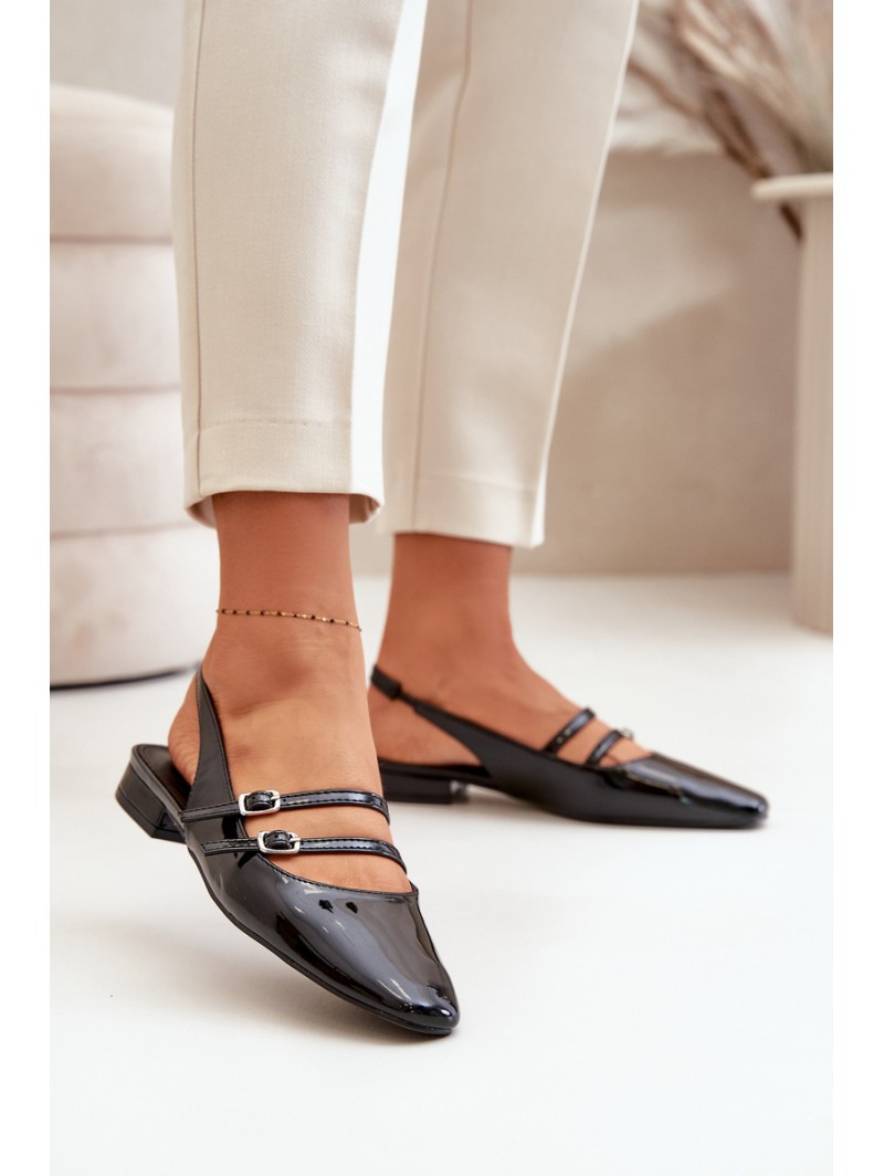 Lacquered Ballet Flats With Straps On Low Heel Black Bialettia