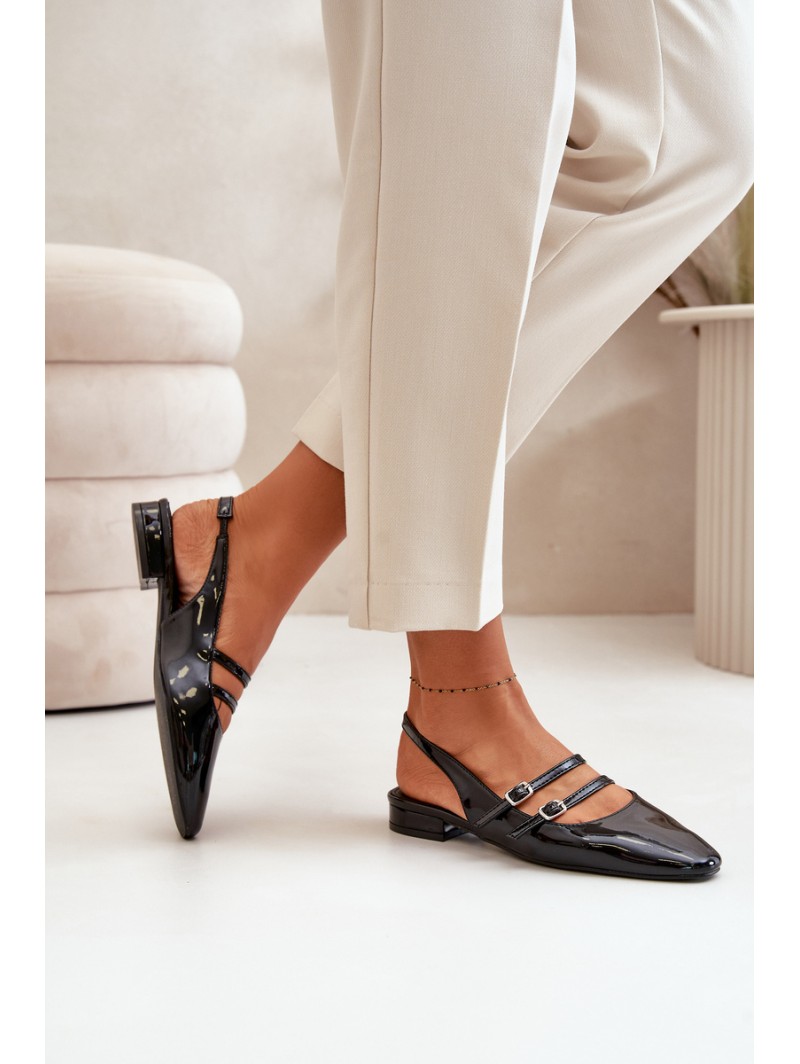 Lacquered Ballet Flats With Straps On Low Heel Black Bialettia