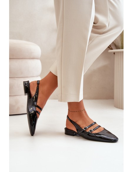 Lacquered Ballet Flats With Straps On Low Heel Black Bialettia