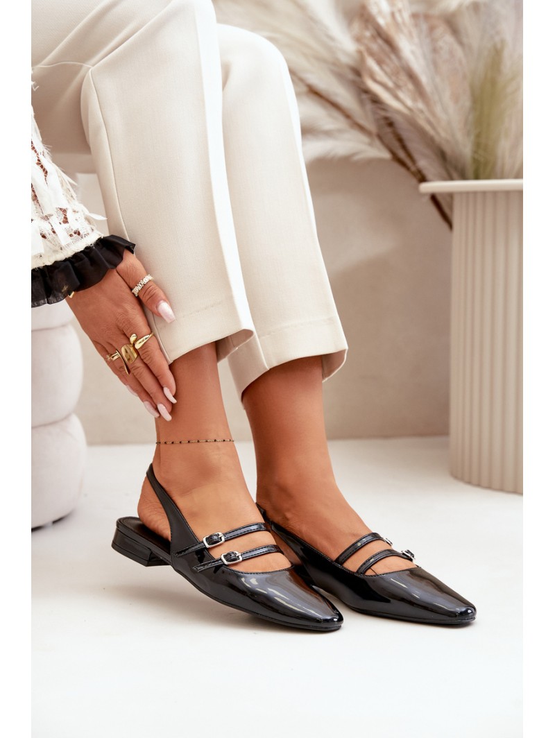 Lacquered Ballet Flats With Straps On Low Heel Black Bialettia
