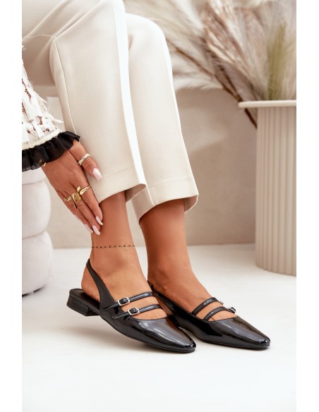Lacquered Ballet Flats With Straps On Low Heel Black Bialettia