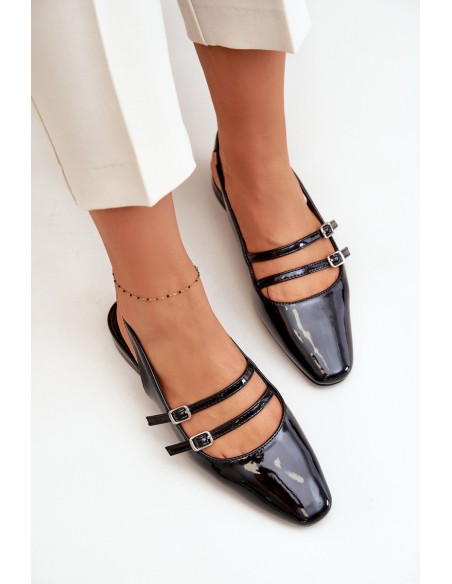 Lacquered Ballet Flats With Straps On Low Heel Black Bialettia