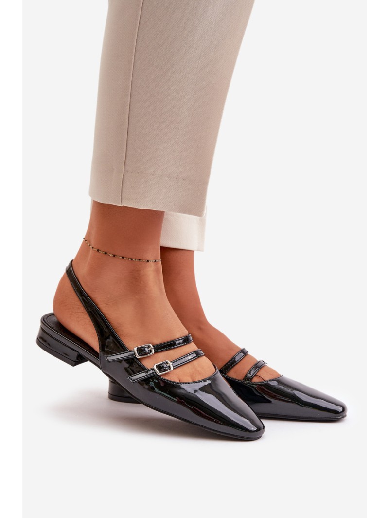 Lacquered Ballet Flats With Straps On Low Heel Black Bialettia