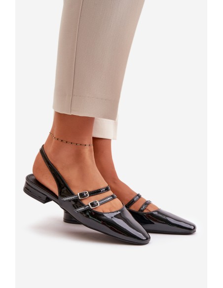 Lacquered Ballet Flats With Straps On Low Heel Black Bialettia