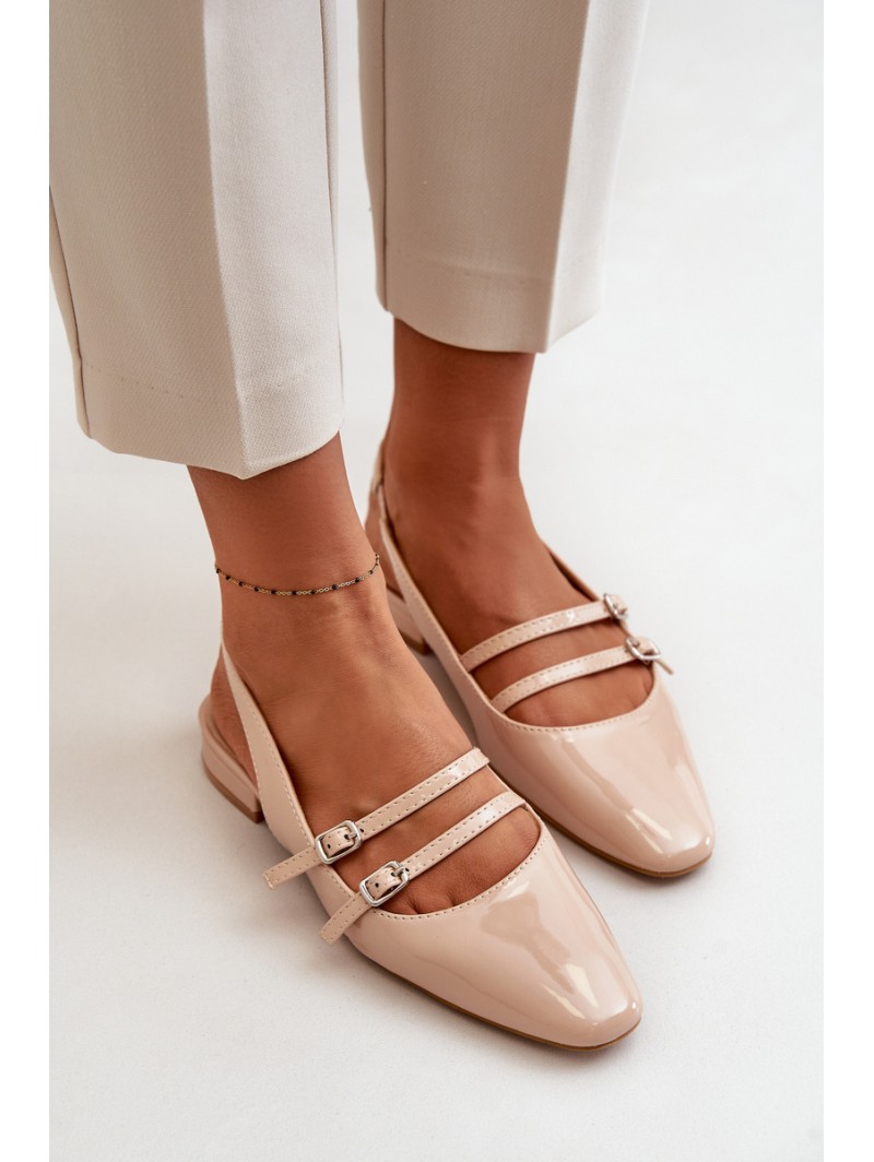 Lacquered Ballet Flats With Straps On Low Heel Beige Bialettia