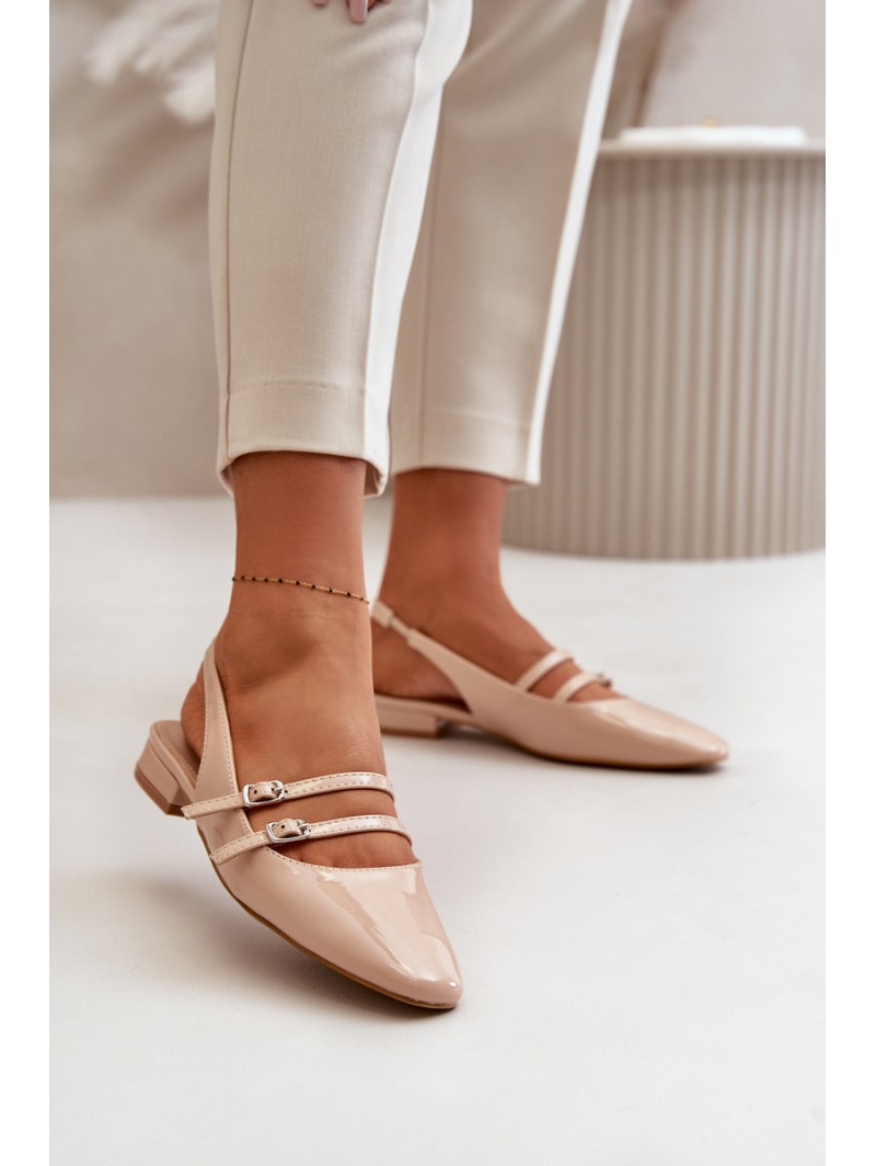 Lacquered Ballet Flats With Straps On Low Heel Beige Bialettia